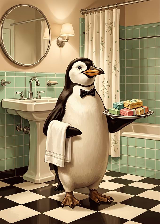 Penguin Butler Serving Soap in Bathroom