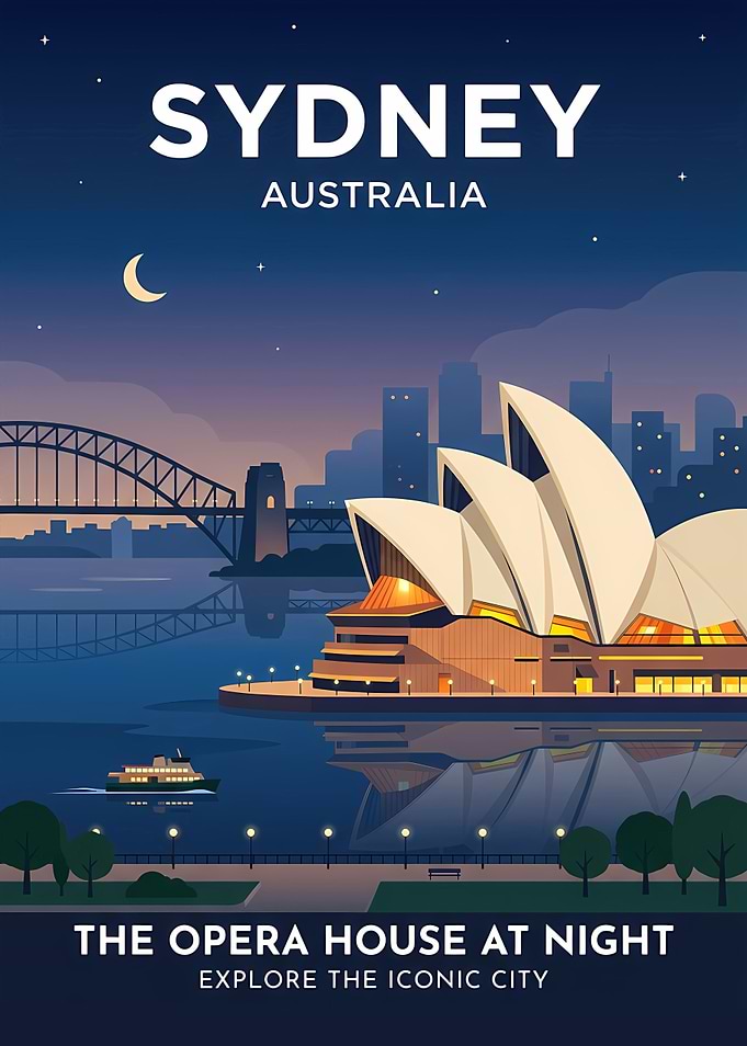 Sydney Opera House Night Travel Poster