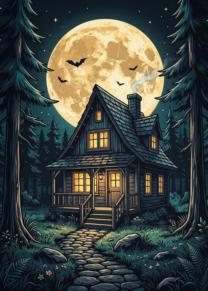 Spooky Cabin Moon Forest Art