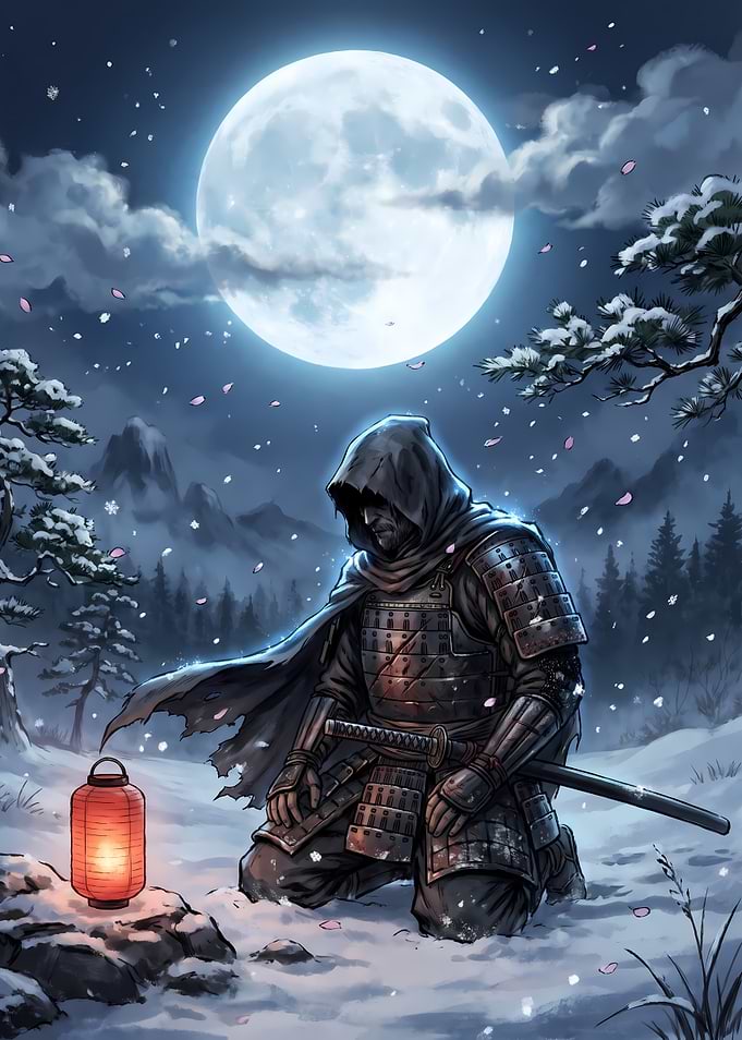 Lone Samurai Kneeling in Snow