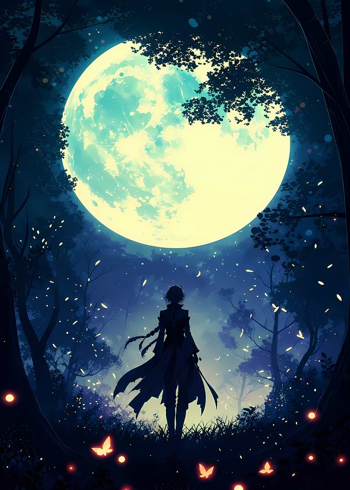Anime Warrior Under Giant Moon