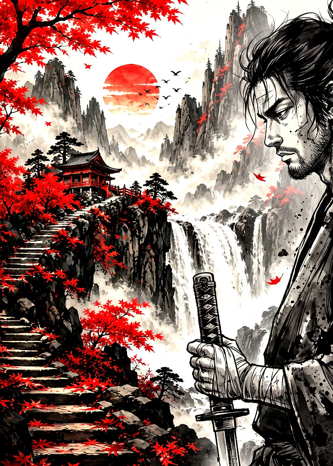 Musashi Manga at Mountain Waterfall