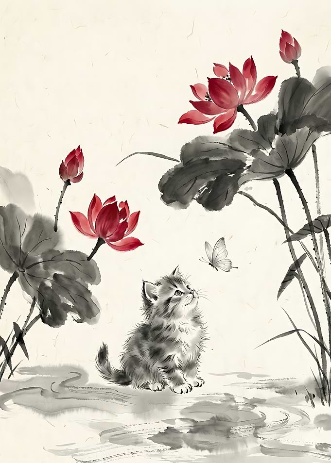 Kitten and Butterfly Ink Wash Painting