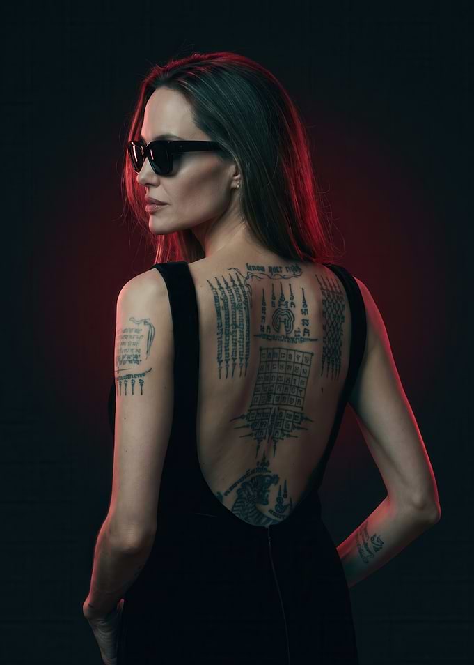 Angelina Jolie with Back Tattoos