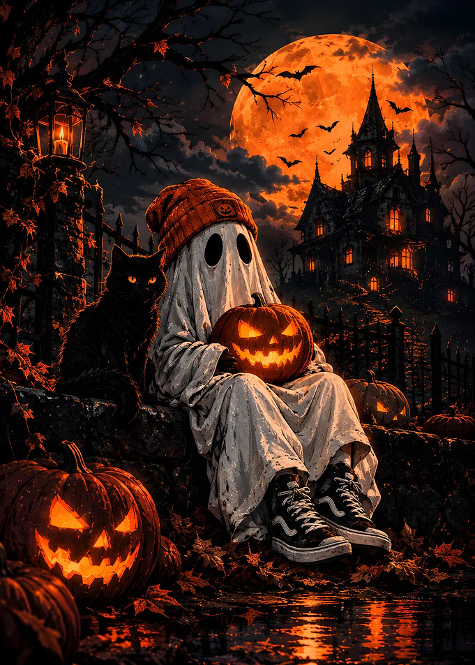 Ghost in Beanie with Jack-o'-lantern