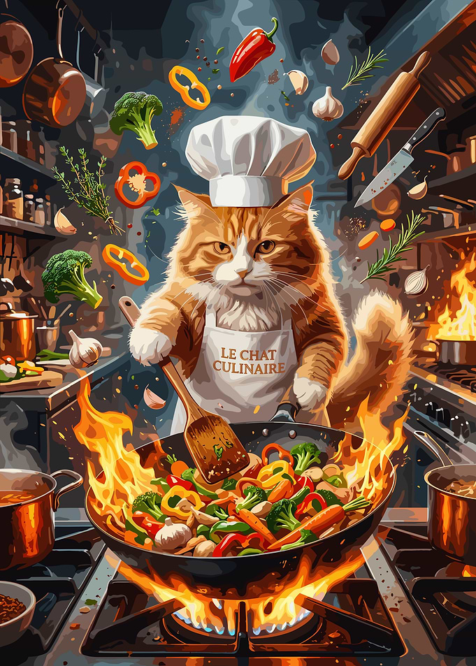 Chef Cat Cooking Stir-fry