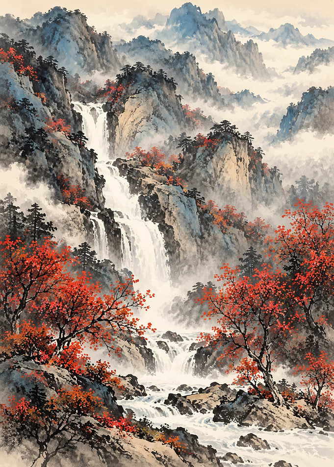 Traditional Chinese Landscape Waterfall Painting