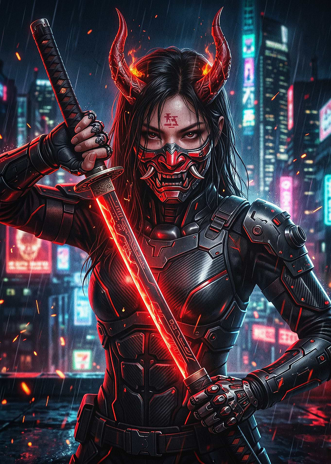 Cyber Samurai Demon Girl Neon Art