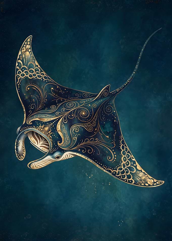 Ornate Golden Manta Ray Illustration