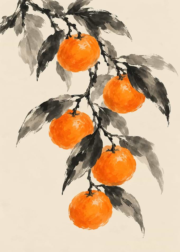 Sumi-e Style Mandarin Orange Branch