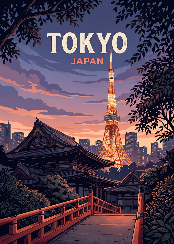 Tokyo Tower and Japanese Temple Poster