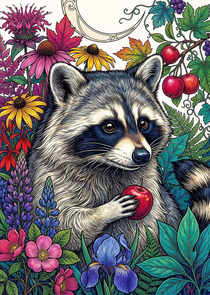 Raccoon Holding Apple in Floral Garden