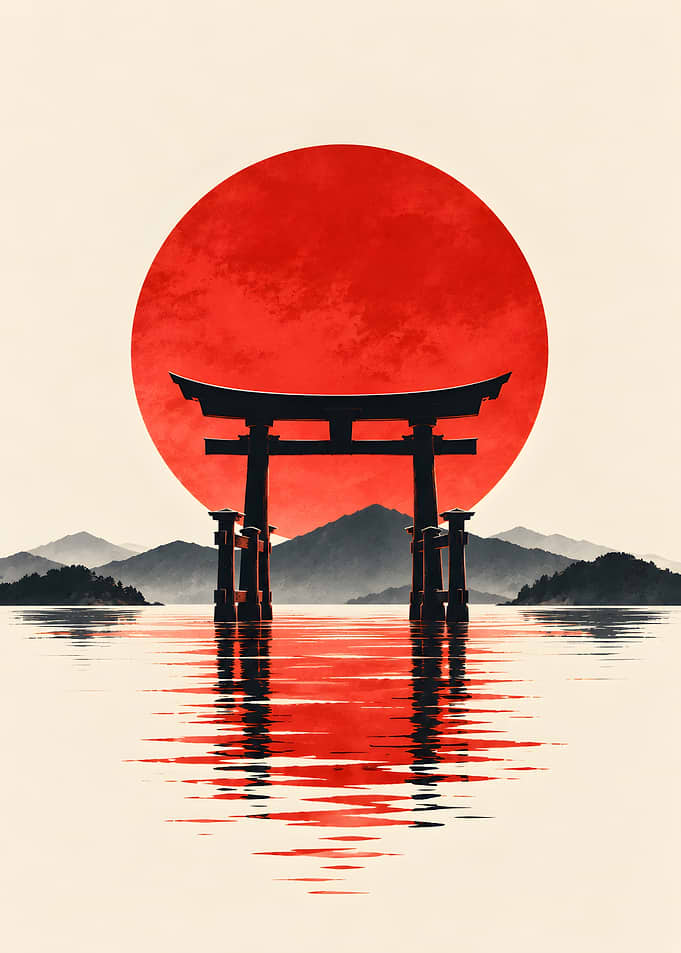 Red Sun Torii Gate Water Reflection