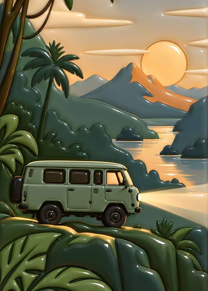 3D Relief Art of Van in Nature