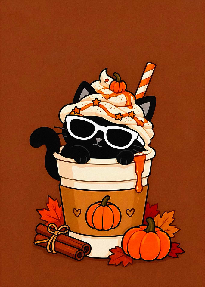 Cute Black Cat Pumpkin Spice Latte