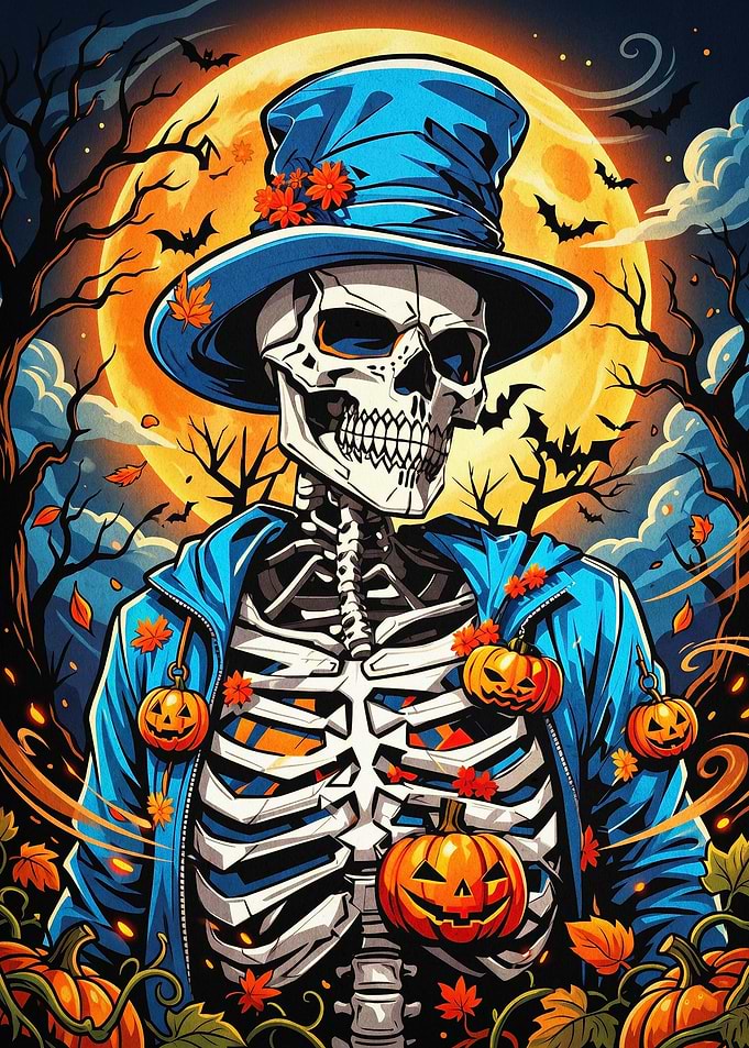 Skeleton Pumpkin Halloween Art Post