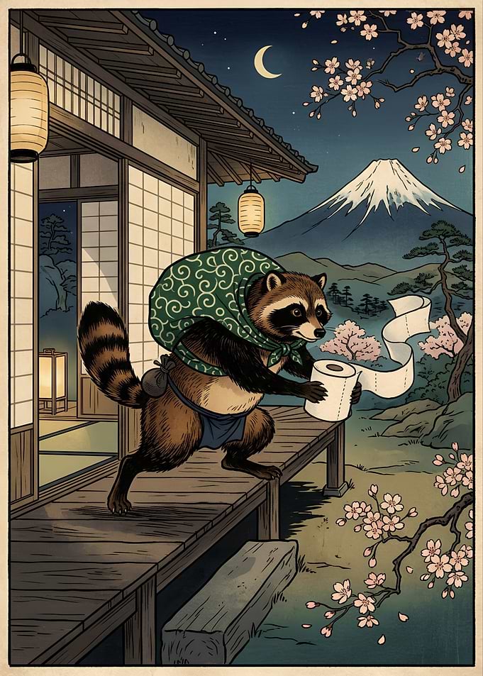 Tanuki with Toilet Paper Ukiyo-e