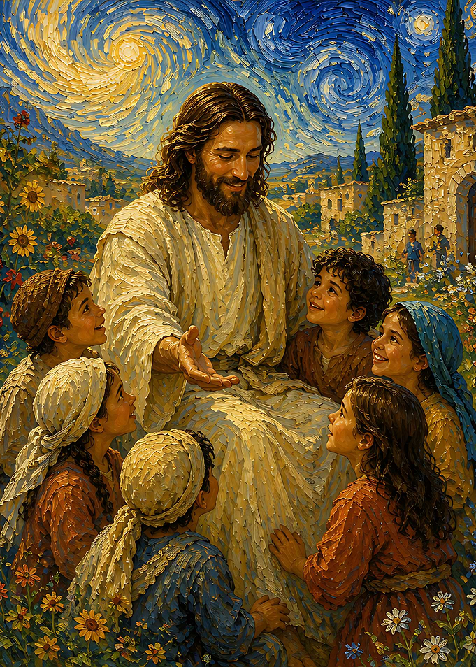 Jesus Teaching Children in Van Gogh Style