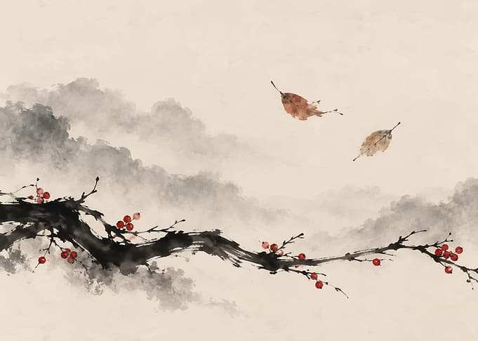 Traditional Ink Wash Painting with Berries