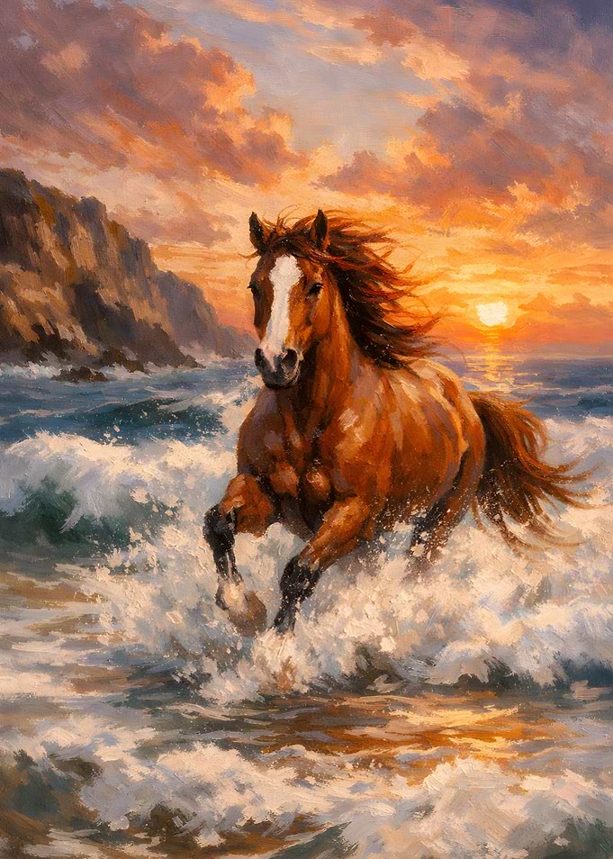 Chestnut Horse Galloping Through Ocean Waves At Sunset