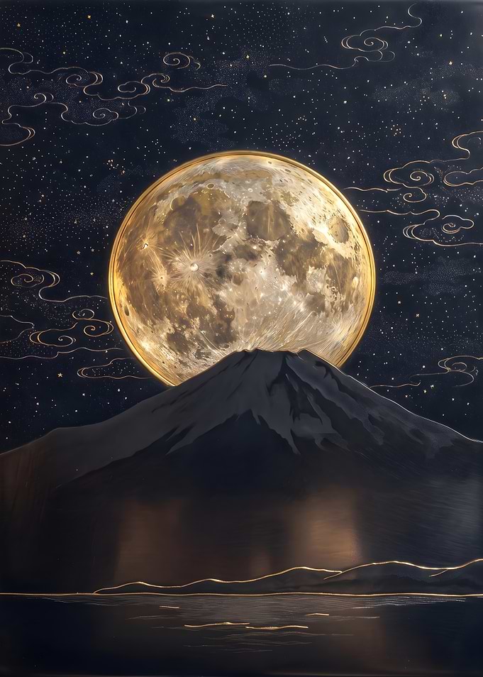 Golden Full Moon Rising Behind Mount Fuji