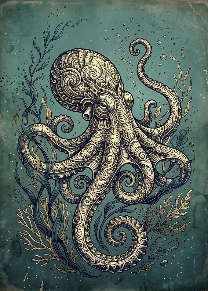 Ornate Mandala Octopus Underwater Illustration