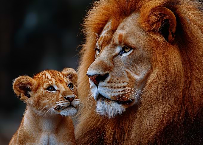 Majestic Lion and Cute Cub Portrait