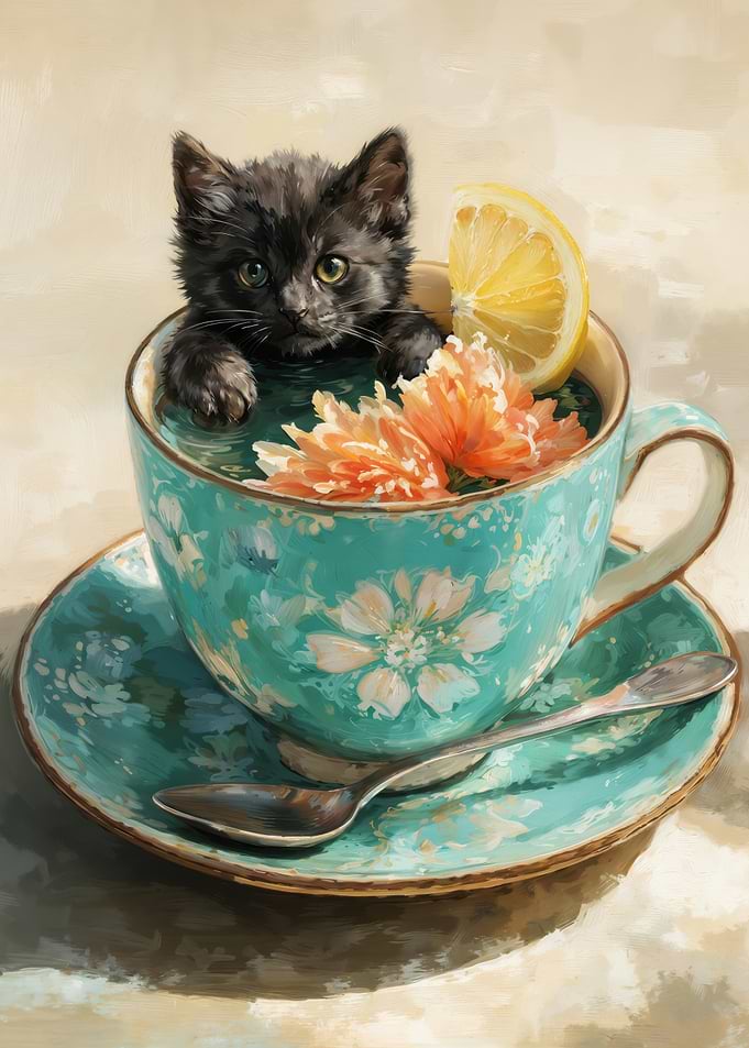 Fluffy Black Cat Relaxing In Teacup