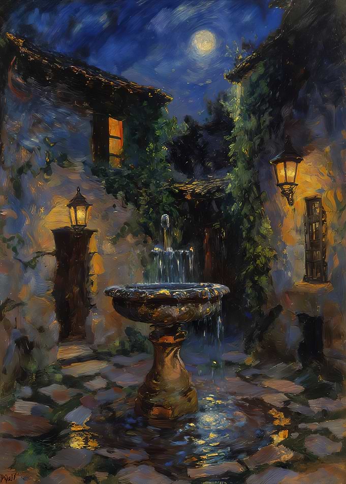 Moonlit Courtyard Fountain Painting