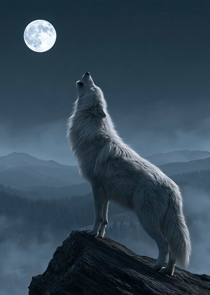 White Wolf Howling at Full Moon
