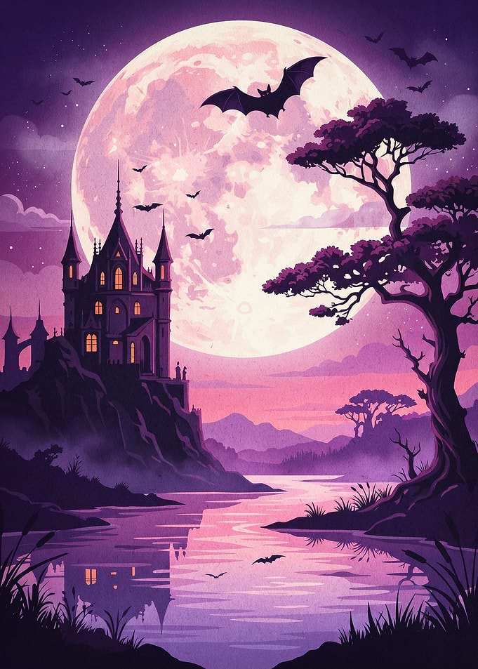 Halloween Castle Full Moon Art Post