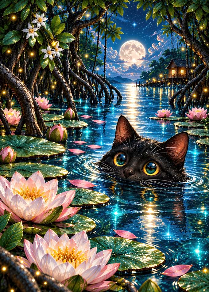 Black Cat Swimming in Magical Pond