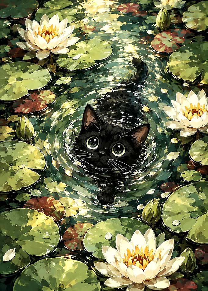 Cute Black Kitten Swimming in Pond