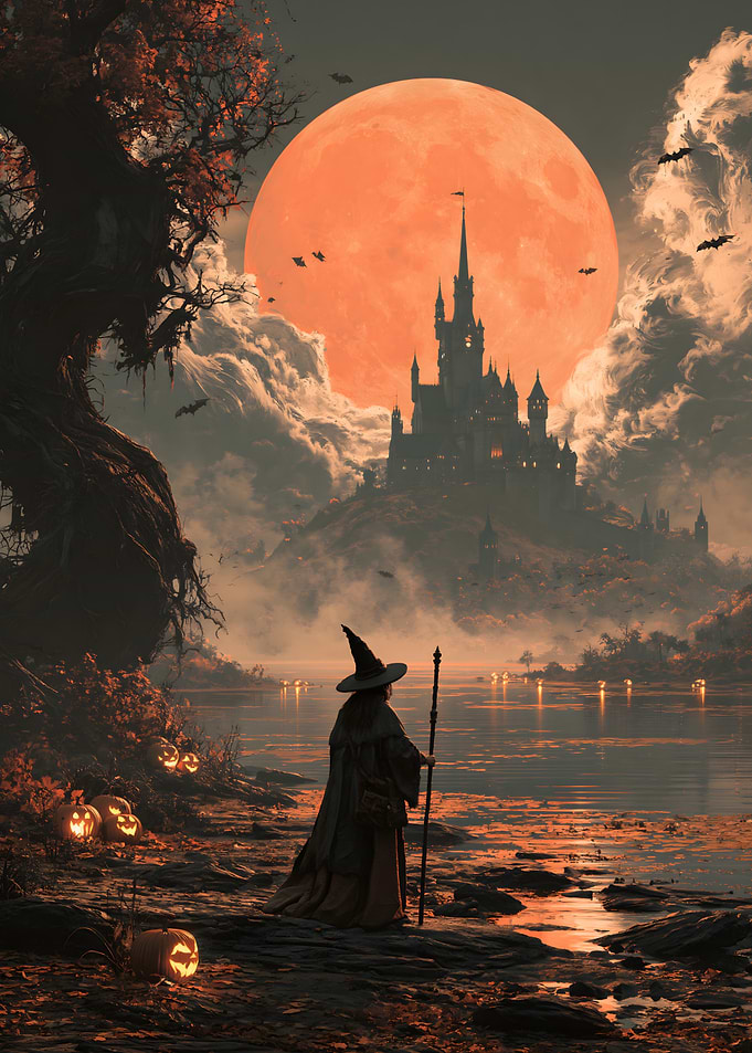 Hooded Witch & Gothic Haunted Castle - Orange Full Moon