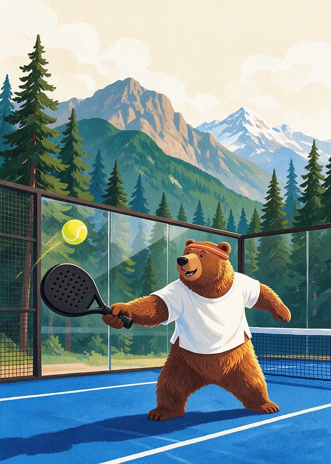 Bear Playing Padel in Mountains