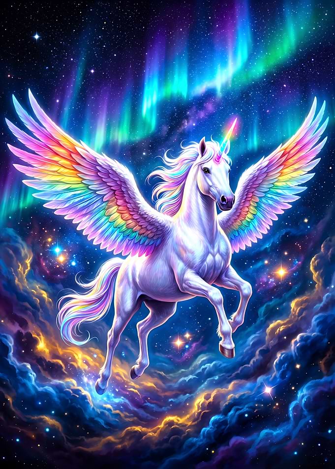 Majestic Rainbow Winged Unicorn in Space