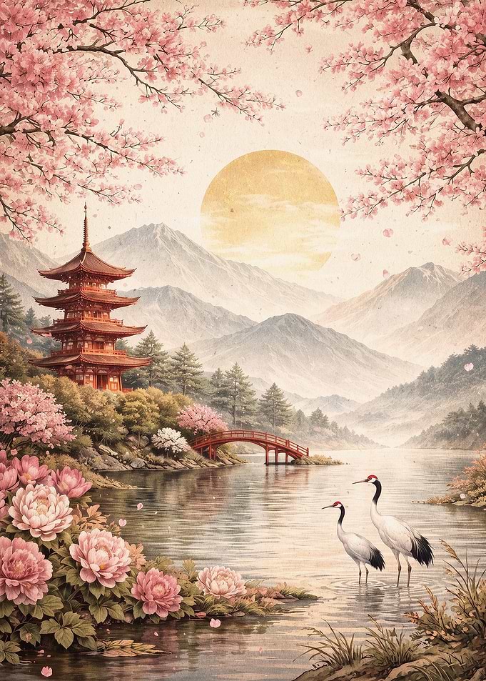 Japan Cherry Blossom Temple Art