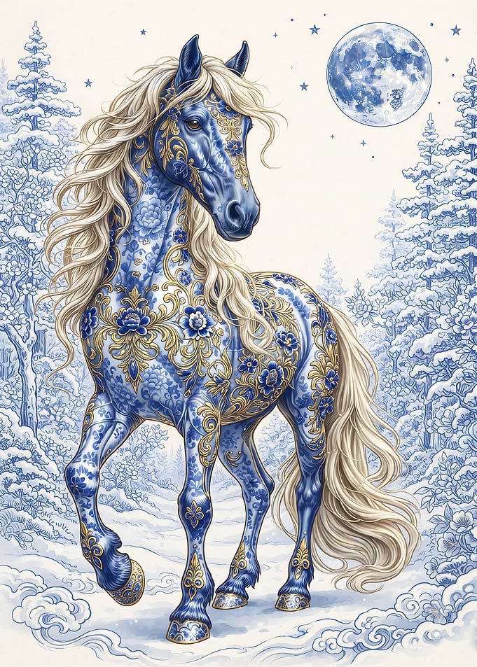 Porcelain Style Horse in Winter Forest