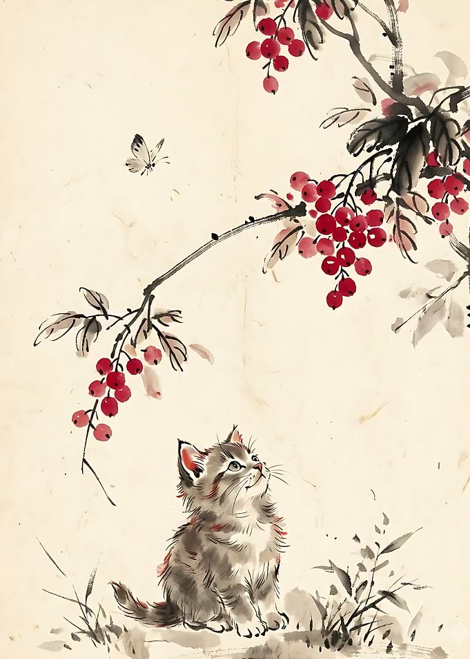 Kitten Watching Butterfly Under Berries