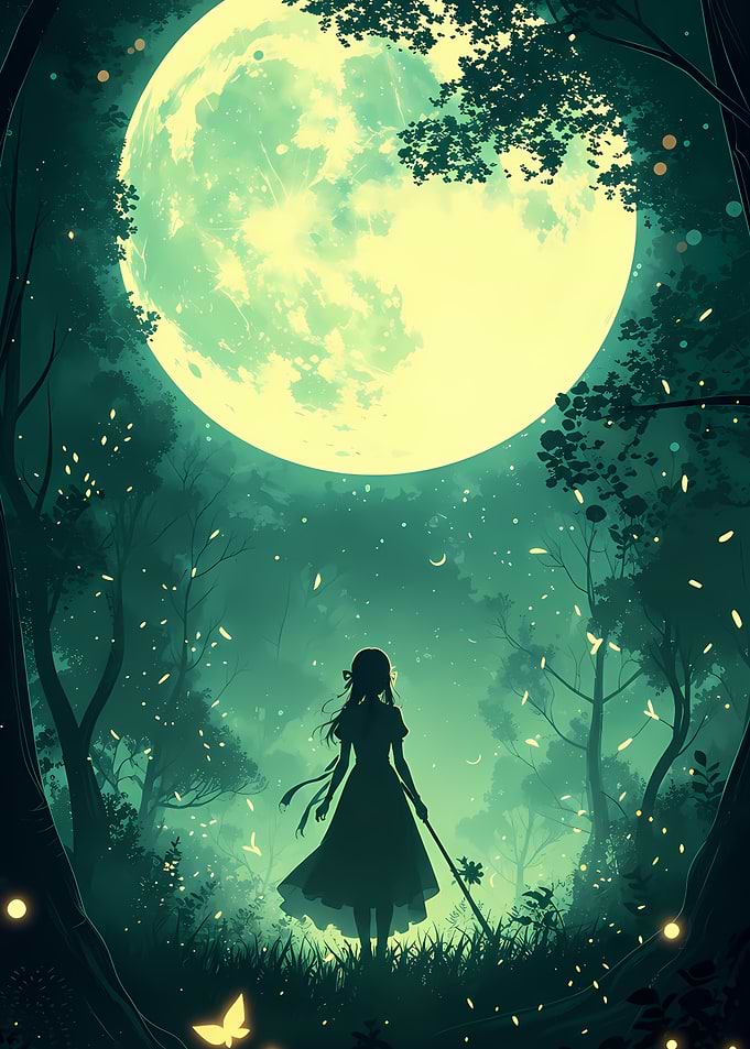 Girl Standing Under Giant Moon