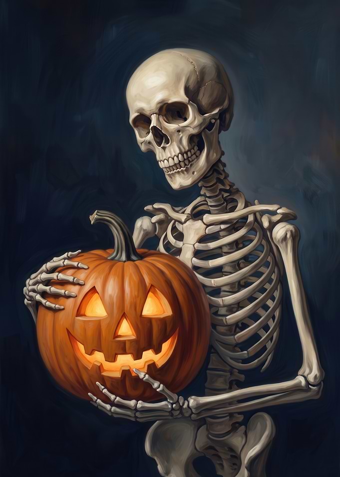 Skeleton Holding a Glowing Jack-o'-lantern