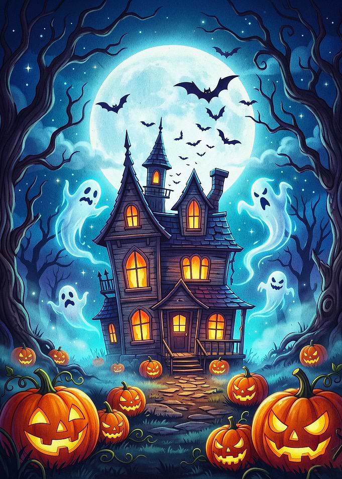 Haunted House Halloween Moon Art