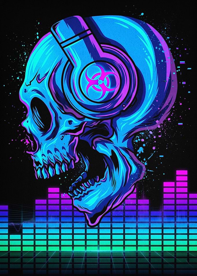 Neon Skull Headphones Music Poster