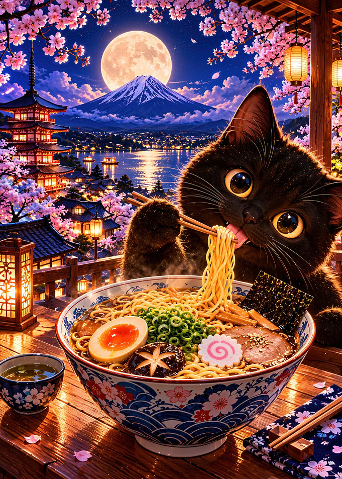 Cute Black Cat Eating Ramen