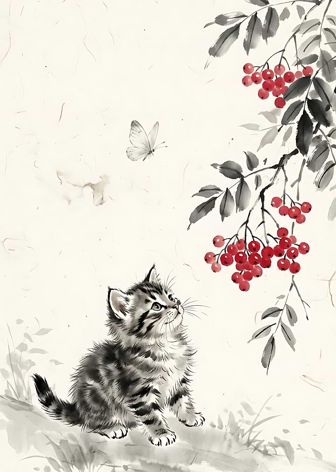 Kitten Watching Berries and Butterfly