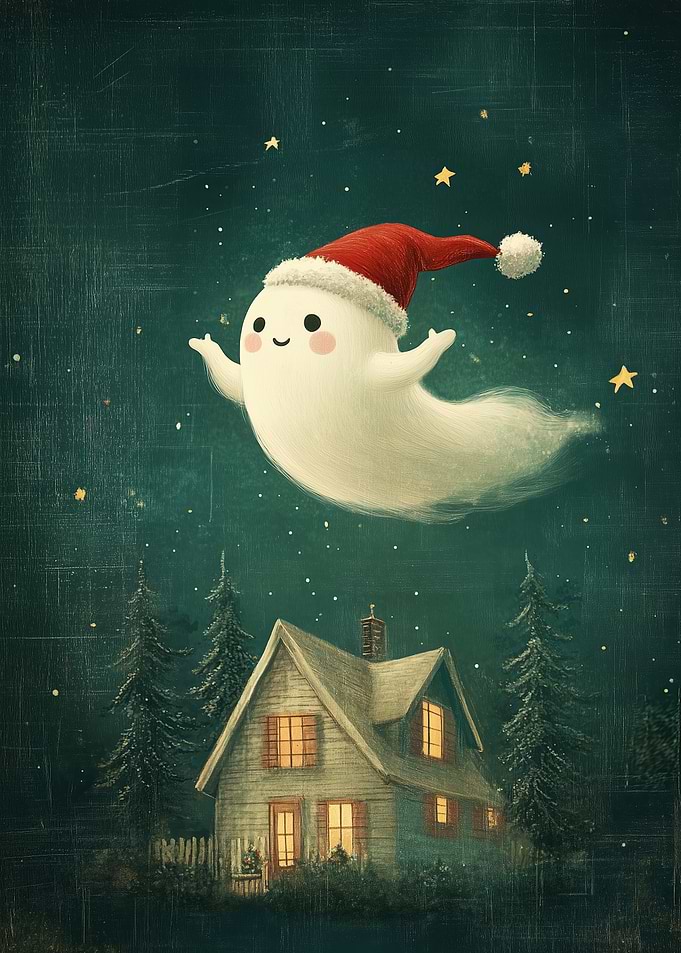 Cute Christmas Ghost Flying Over House