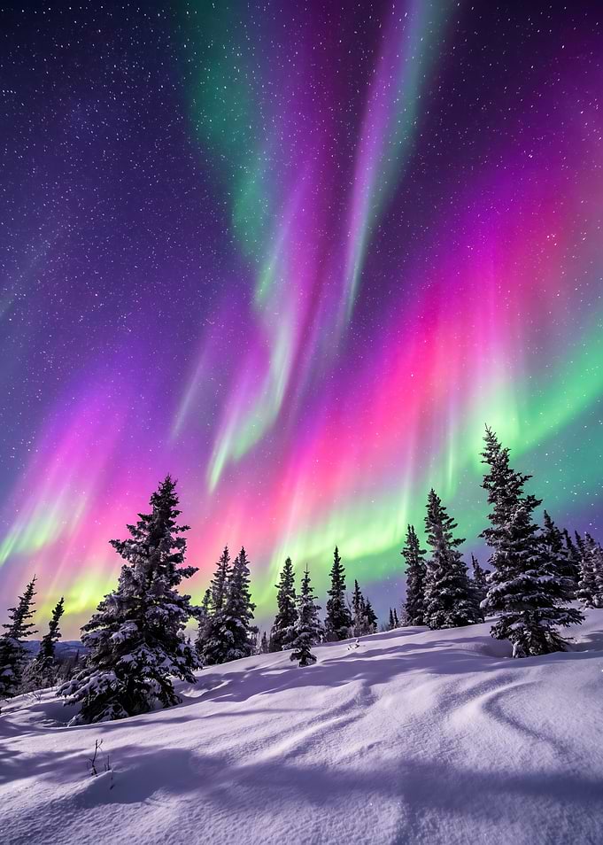 Aurora Borealis Over Snowy Forest