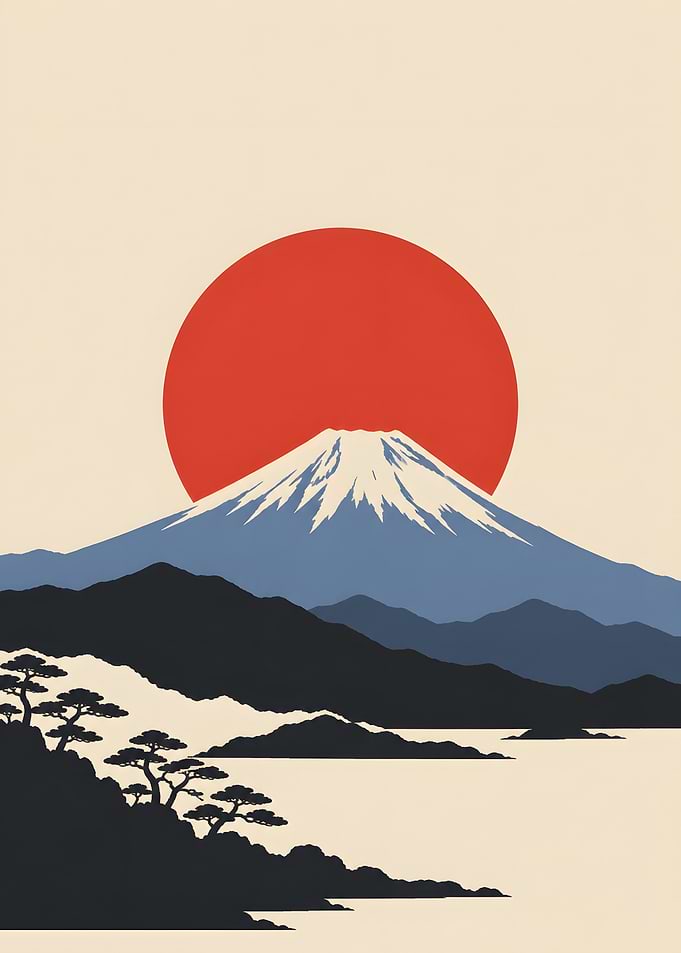 Mount Fuji Red Sun Minimal Japanese Print