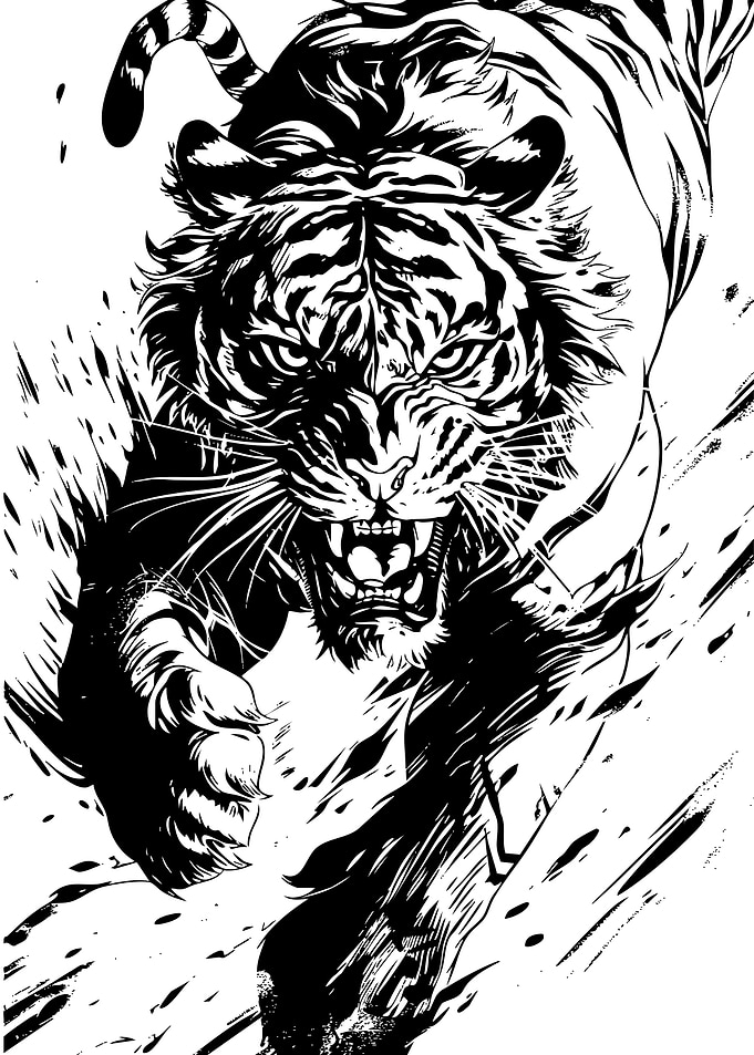 Aggressive Black and White Tiger Illustration