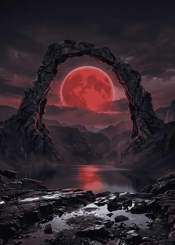 Red Moon Over Stone Arch